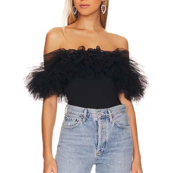 Free People Tops - NWT FREE PEOPLE Big Love Black Ruffle Off the Shoulder Bodysuit size X Small